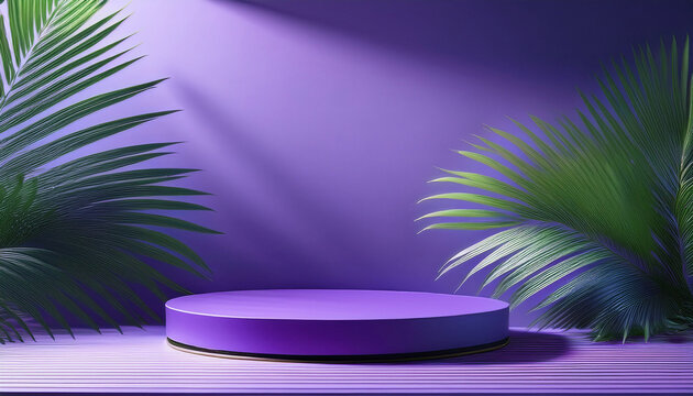 round purple platform surrounded by green palm leaves in soft light