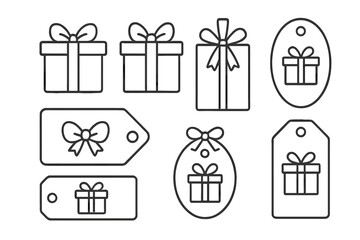 Set of various gift tag and present designs with elegant ribbons and simple line art style, vector cartoon illustrations on transparent background, holiday gift packaging elements collection