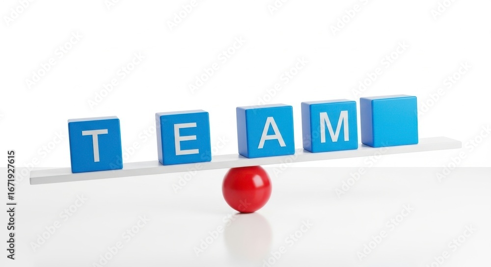 Poster conceptual image of a team balancing on a red sphere, representing teamwork.