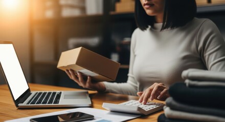 A woman is working on her laptop and calculator while holding a package preparing for shipping in her office