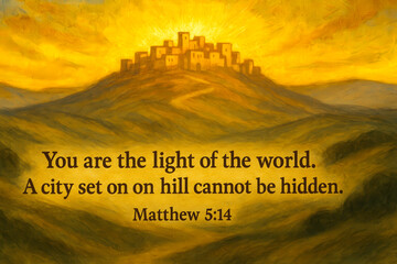 &ldquo;You are the light of the world. A city set on a hill cannot be hidden&rdquo; (Matthew 5:14). A radiant city glowing with divine light, symbolizing faith, hope, and Christ&rsquo;s eternal guidance.