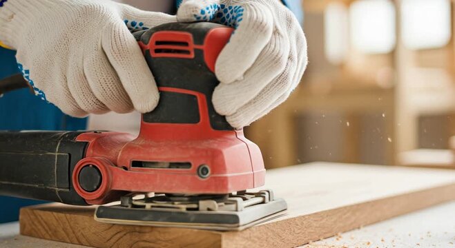 Protective work gloves hold an electric sander, carefully smoothing a wooden board and creating sawdust during a crafting project.