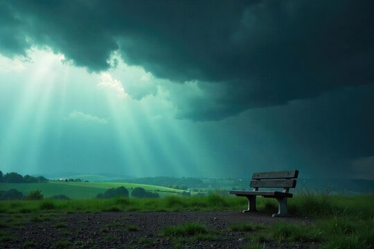 Empty Park Bench Under a Stormy Sky Anticipation and Tranquility Before the Rain