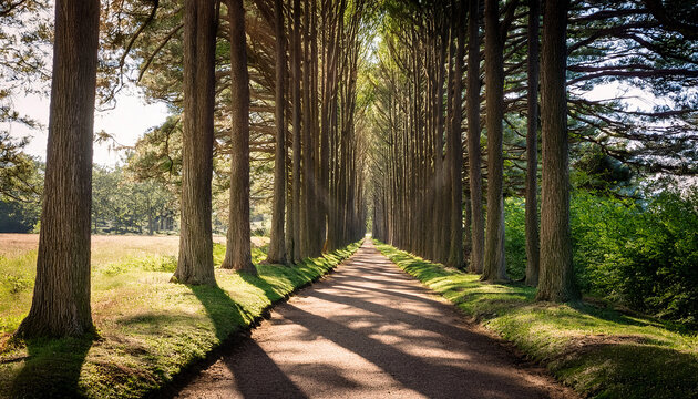 a narrow path lined with tall trees on both sides casting long shadows in a peaceful natural setting