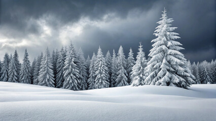 Fototapeta premium Snow-covered pine trees in a winter forest under a cloudy sky image photo
