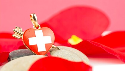 Red heart pendant with Swiss cross rests on grey stones and red petals against a pink backdrop