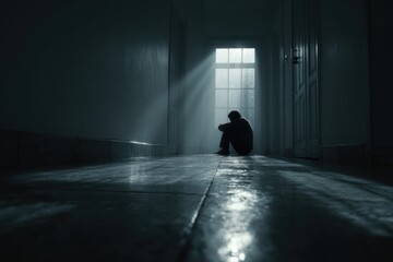 Mental Health. Individual sitting in dark hallway, reflecting on emotional struggles and resilience.