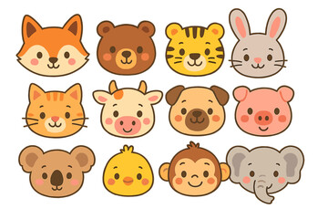 Big set of cute cartoon animal heads. Kawaii forest, farm and jungle animals faces. For baby shower, nursery decor, children's learning. Vector illustration icons collection.
