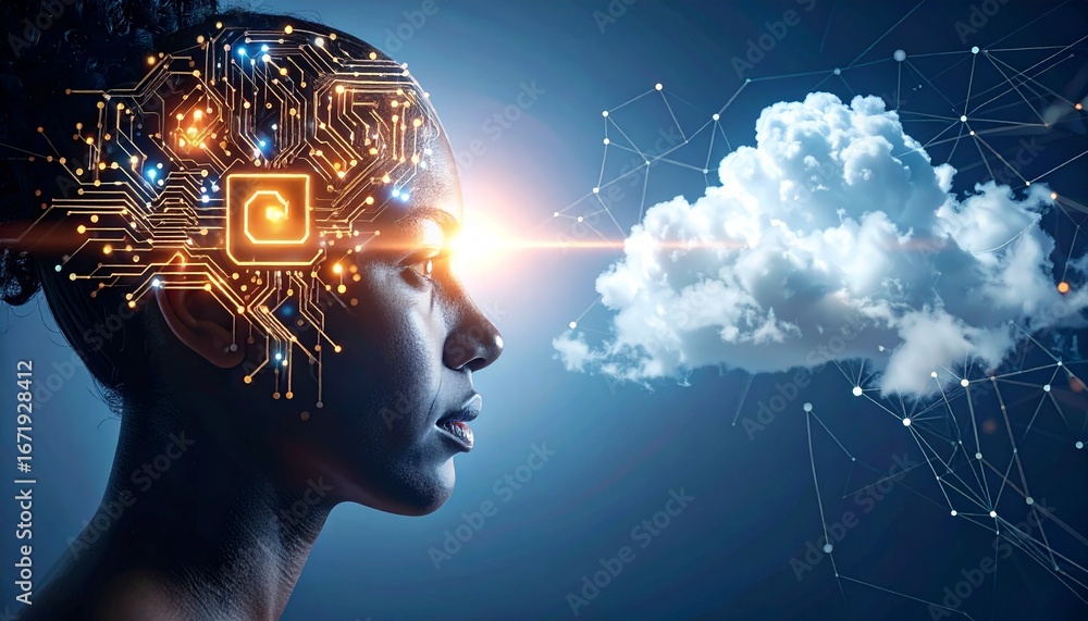 Poster an abstract human head silhouette with glowing circuits connecting into a luminous digital cloud.