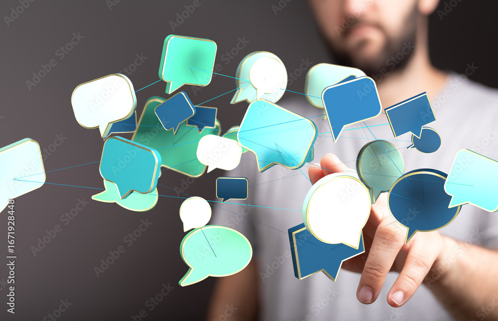 Poster Image of interconnected speech bubbles, symbolizing global communication and networking.