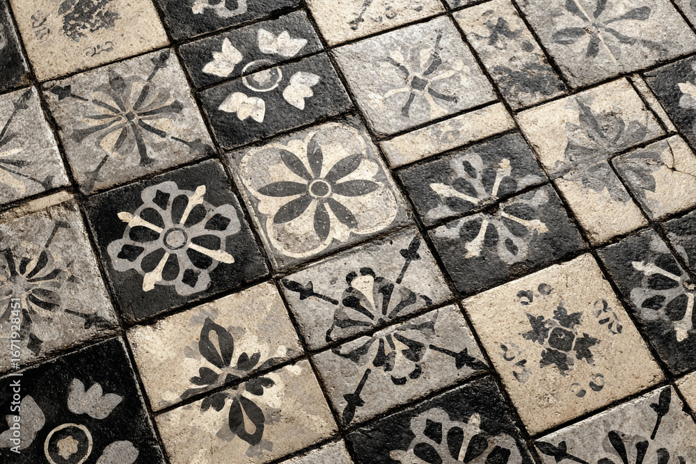 Poster a floor with black and white patterned tiles in a grid design showing varied floral and geometric pa