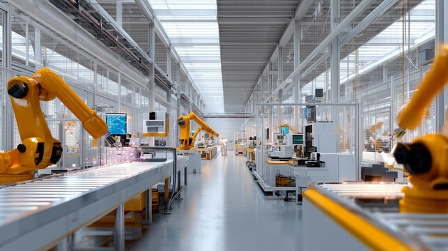 Modern industrial factory with robotic arms performing automated assembly tasks in a well-lit environment