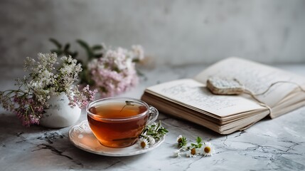 marble surface displaying herbal tea cup and writing journal
