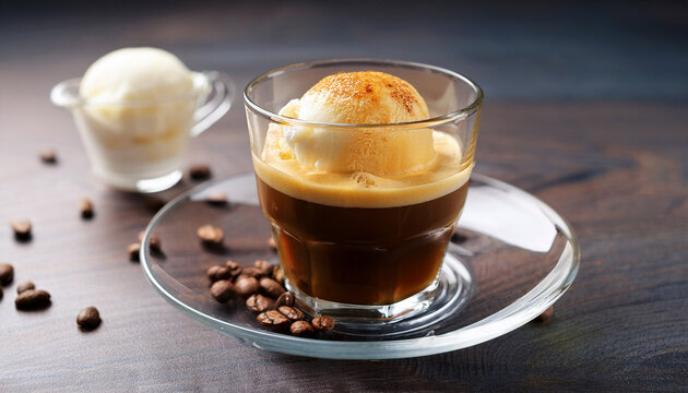 delicious affogato espresso coffee with a scoop of vanilla ice cream in a clear glass cup