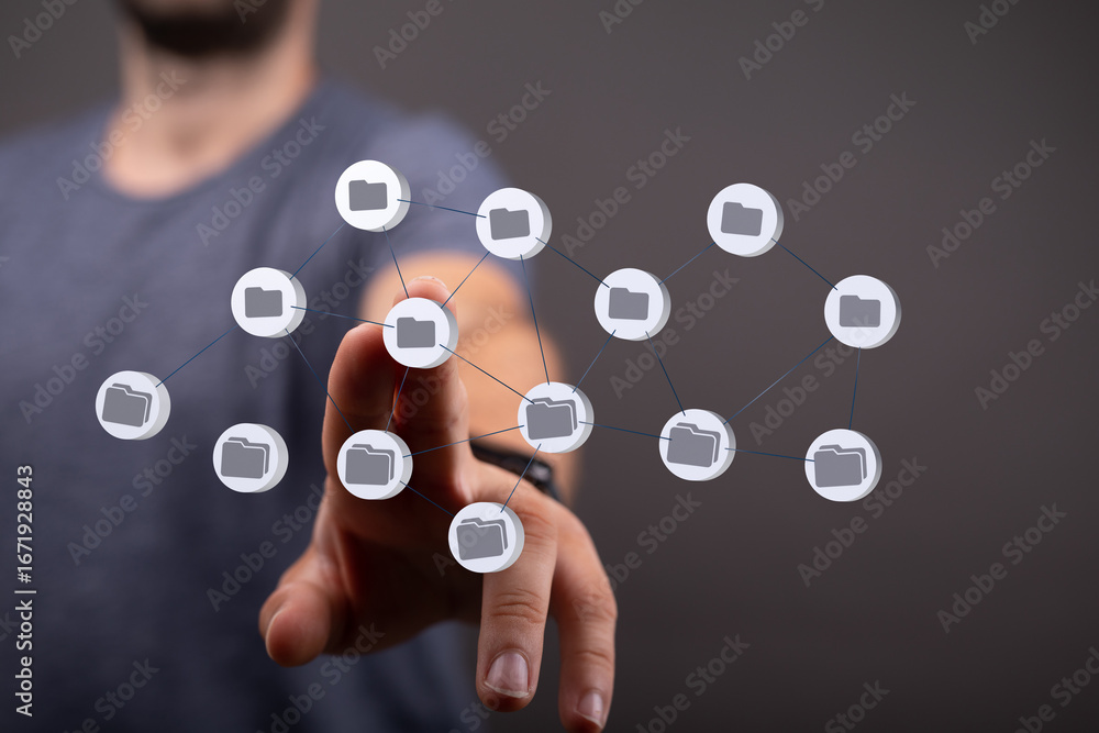 Poster hand interacting with a network of digital files, showcasing data sharing and connectivity.