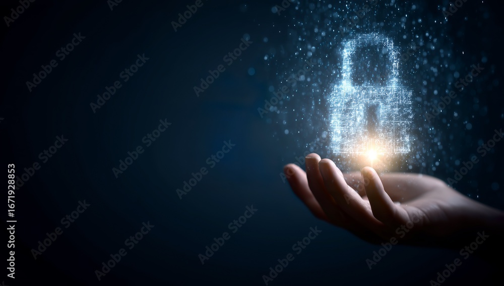 Poster digital security concept with lock visualization in hand