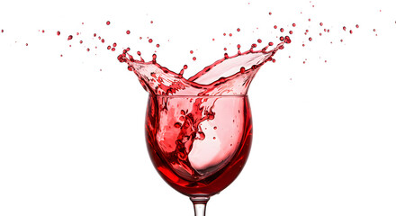 Dynamic studio shot capturing the high-speed moment of a vibrant red liquid splashing dramatically within a clear glass, droplets suspended in air against a clean white background, showcasing fluid
