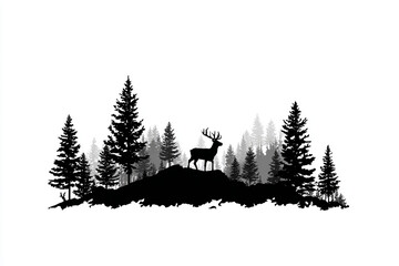 Fototapeta premium Majestic deer silhouette standing on a hill overlooking a pine forest a tranquil nature scene