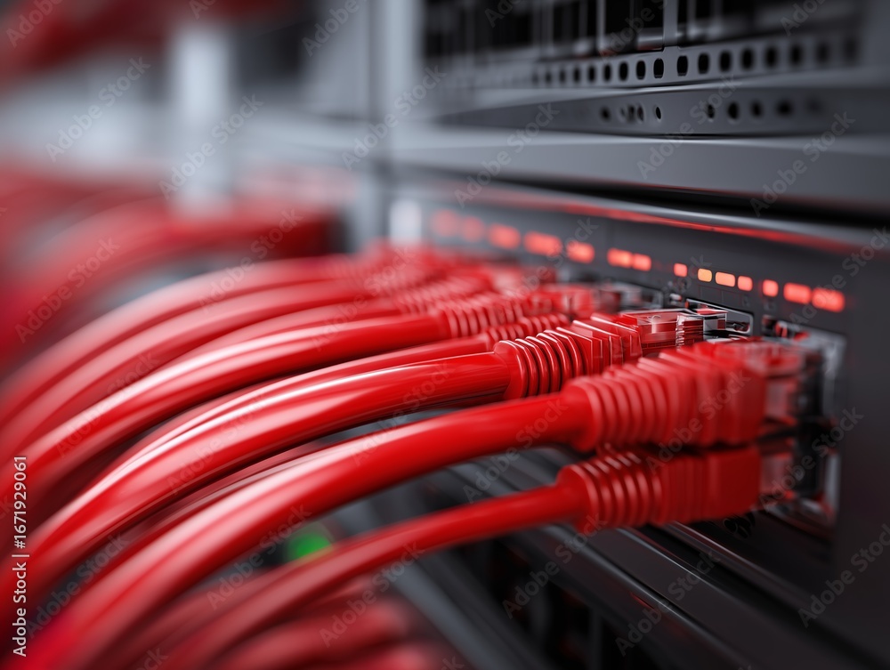Poster close-up of red ethernet cables in network server