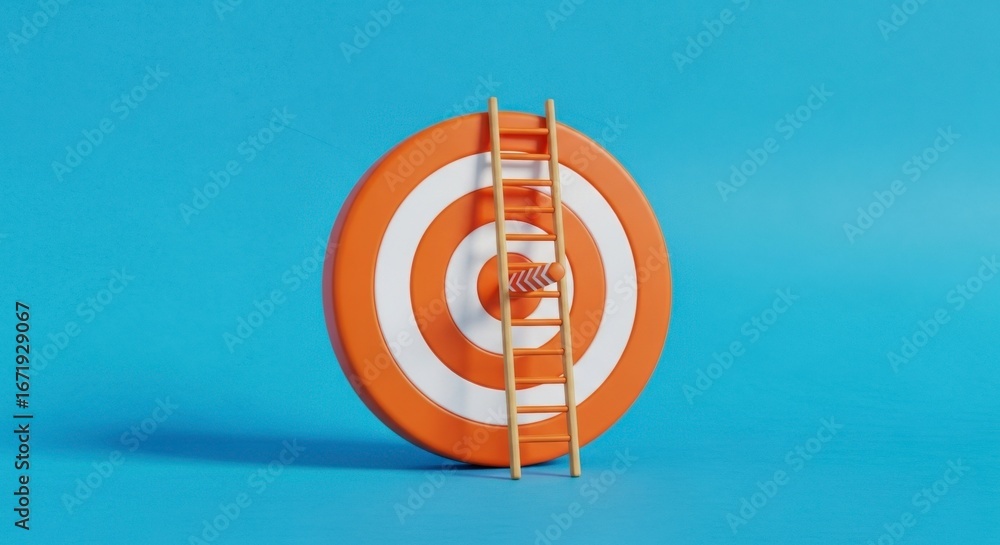 Poster a 3d rendering of a ladder leaning against a target.