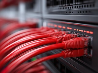 Close-up of Red Ethernet Cables in Network Server