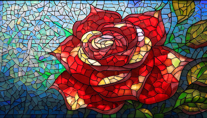 stained glass red rose geometric mosaic floral art