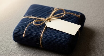 Wrapped Dark Blue Fabric Gift Box with Twine and Blank Tag on Gray Surface