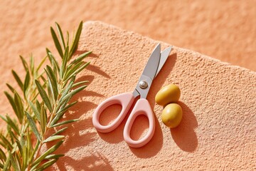 Still life of pink pruning shears, rosemary, and olives on a textured coral background in bright sunlight, minimalist composition