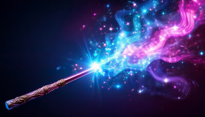 magic wand glowing with vibrant blue and pink energy