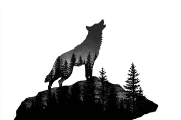 Fototapeta premium A wolf howling on a mountain top a forest inside its silhouette