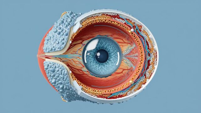 Prevention cataract concept ,Anatomical Cross Section of Eye Detailed Structures of Cornea, Iris, Retina, Emphasizing Complexity