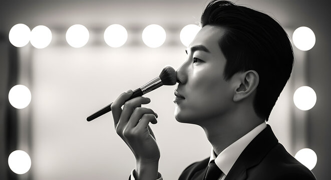 Stylish asian man applying makeup with a brush in front of a brightly lit vanity mirror during a professional photoshoot