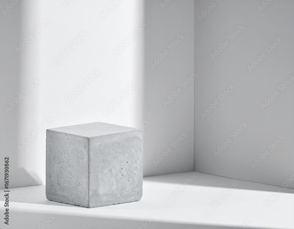Poster concrete gray cube on white elevated stage with smooth shadow and minimal background