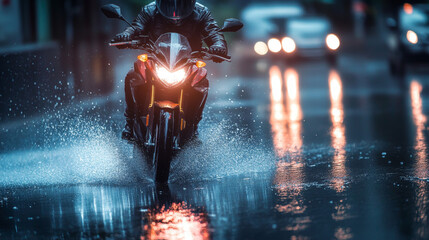Motorbike skidding on a wet road at night, headlights reflecting on the surface, capturing dynamic motion and thrilling urban riding vibes.