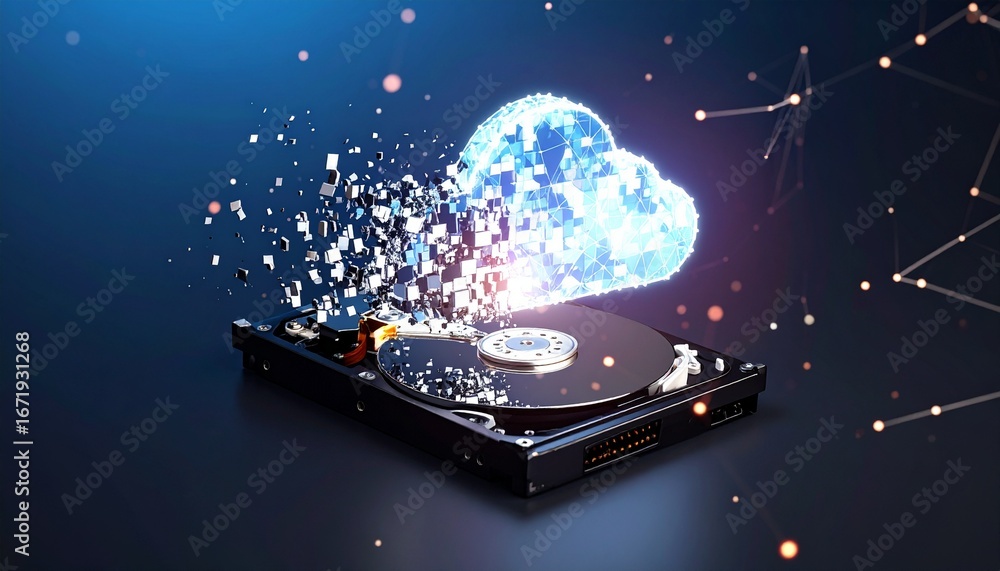 Poster a luminous hard drive made of polygons, transforming into a glowing cloud with pixelated fragments.