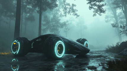 Mysterious futuristic car with glowing wheels and alien-inspired sleek design, standing in a foggy forest clearing with an eerie, otherworldly atmosphere