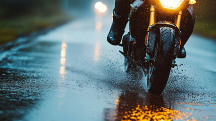 Motorbike skidding on a wet road at night, headlights reflecting on the surface, capturing dynamic motion and thrilling urban riding vibes.