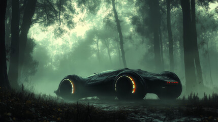 Mysterious futuristic car with glowing wheels and alien-inspired sleek design, standing in a foggy forest clearing with an eerie, otherworldly atmosphere