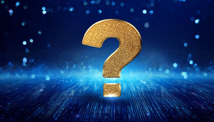 a golden sparkling question mark over a digital blue background representing inquiries and ideas