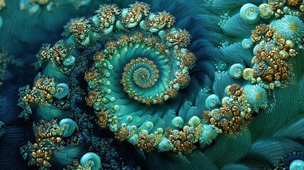 Fractal spiral, teal and gold textures, floral, organic, intricate design