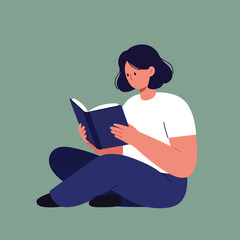 Woman is reading book on the floor at home, vector graphics illustration