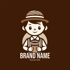 Vintage Coffee Boy Logo Cute Cartoon Barista Character Mascot Vector Design