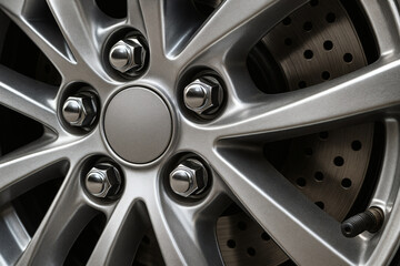 Obraz premium Close-up of a silver car wheel with lug nuts and brake disc