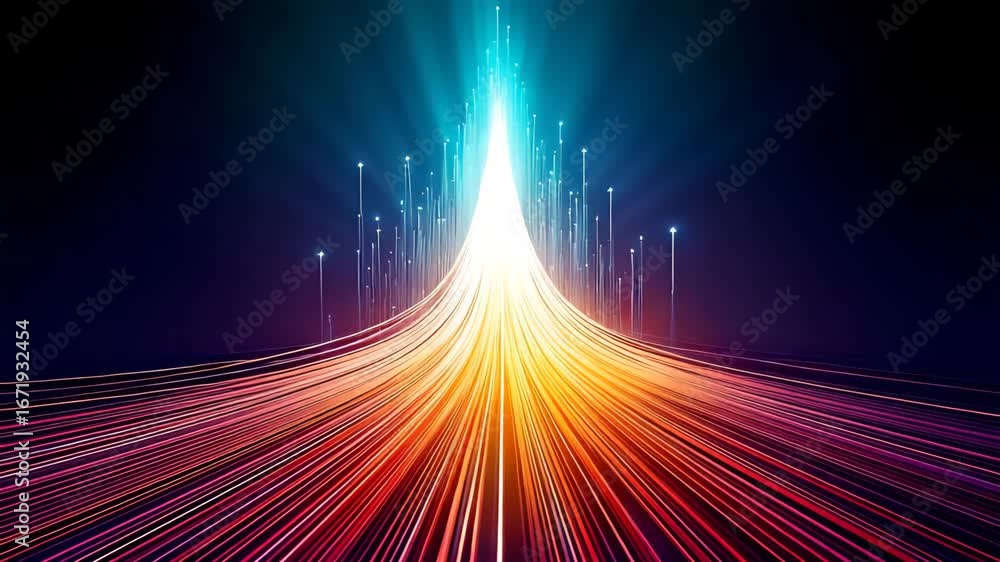Poster abstract light trails with digital data stream, data visualization concept