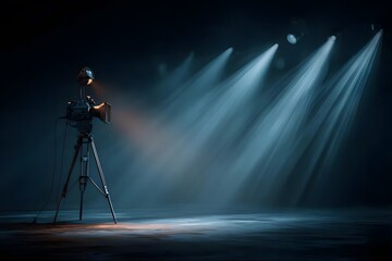 Dark stage, spotlight on vintage camera.