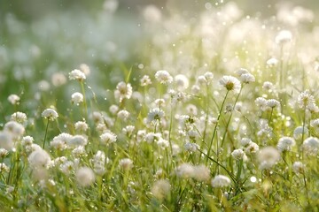 White flowers bloom in a sunlit meadow.