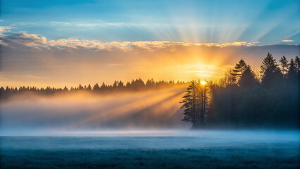 Sunrise over a misty field with sunbeams breaking through trees morning