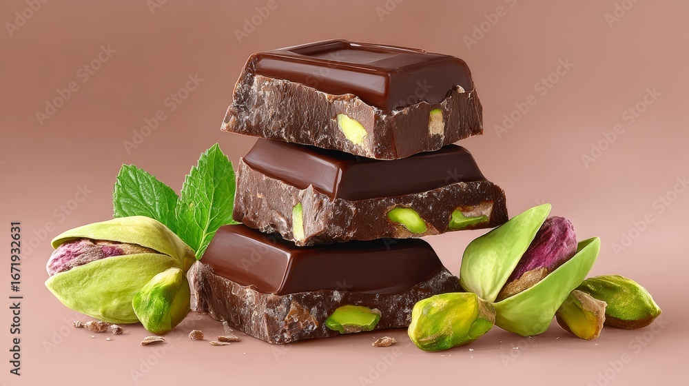 Poster three pieces of chocolate with green leaves on top. the chocolate is stacked on top of each other, c