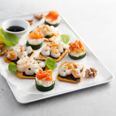 Assorted appetizers with shrimps and salmon