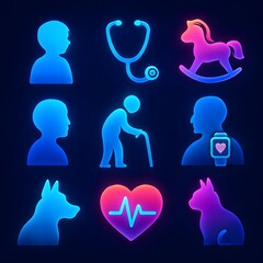 Neon Healthcare Icon Set &ndash; Pediatric, Geriatric, and Veterinary Technology in Glowing Gradients. 
Specialized Medical Sectors &ndash; Premium Vector Icons for Digital Health, Elder Care, and Pet Wellne